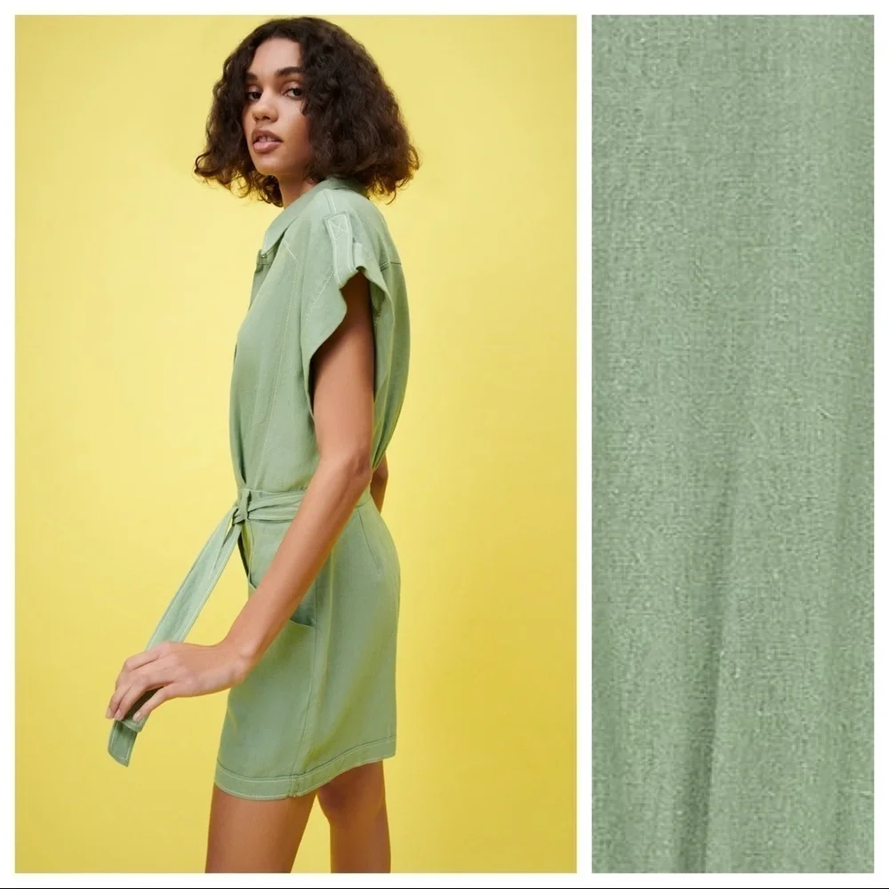 NWT. Zara Green Linen/Viscose Blend Topstitched Short Jumpsuit. Size S.
